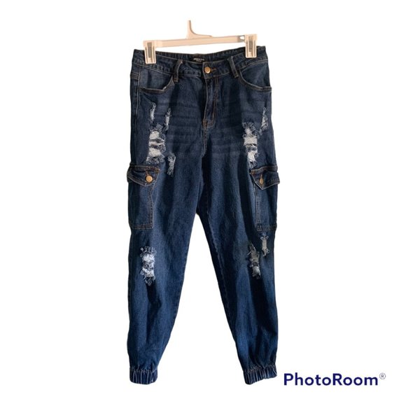 American Bazi Los Angeles Women's High Rise Denim Joggers Distressed - Picture 1 of 9